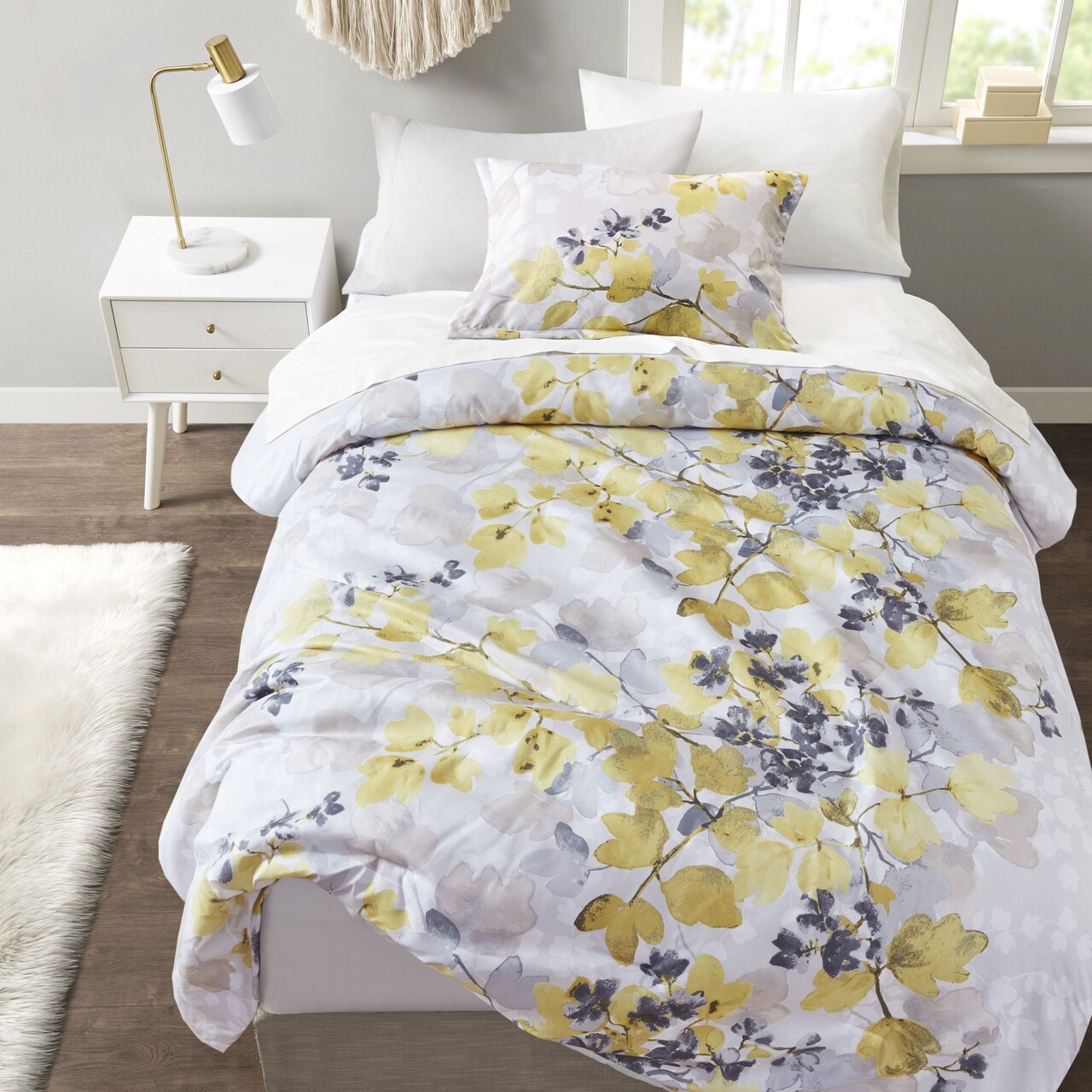 Modern Botanical Twin Comforter Set with Bed Sheets Yellow and Gray
